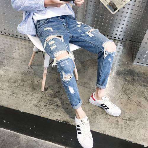 Top Quality 2022 Distressed Beggar Jeans Male Giant Ripped Hole Handsome Male Feet Hip Hop Streetweat Cowboy Harem Pants Men