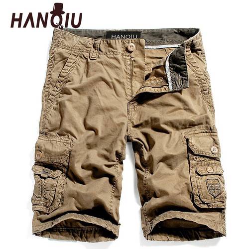 HANQIU New Arrival Men Cargo Shorts 2022 Summer Solid Multi-Pocket Tactical Military Cotton Mid-Waist Casual Men&39s Shorts
