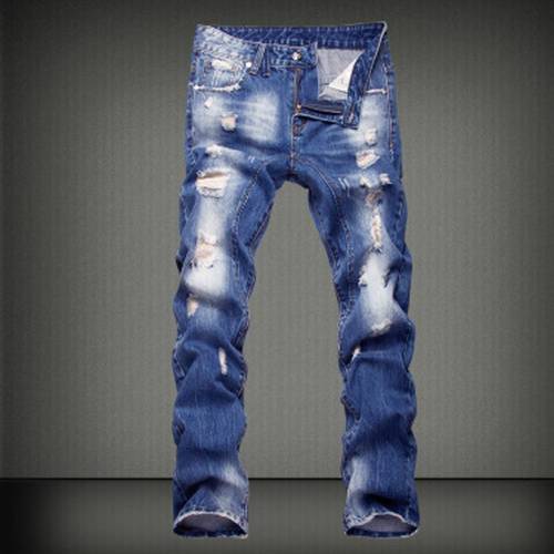New Arrivals Men Hole Jeans Uomo Straight Biker Washed Blue Whitening Zipper Opening Stretch Comfortable Male Trousers Hot Sale