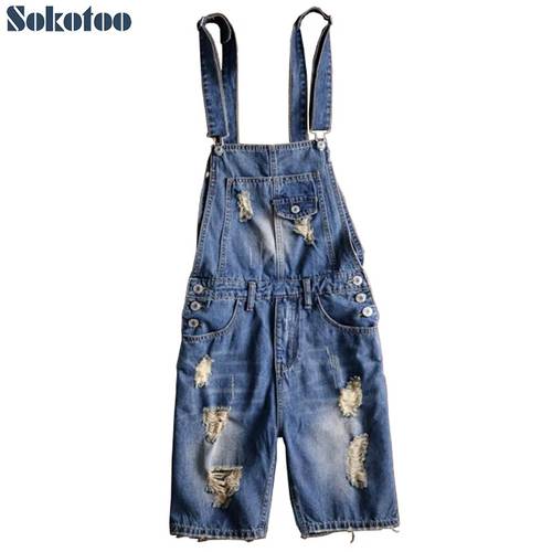 Sokotoo Men&39s plus size knee length ripped denim bib overalls shorts Summer holes blue distressed jumpsuits Jeans
