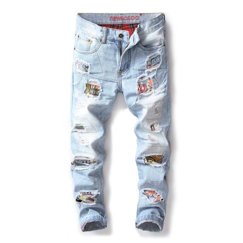 New Brand Mens Fashion Ripped Jeans Pants With Patches Distressed Destroyed Patchwork Denim Trousers Washed Club Wear 341