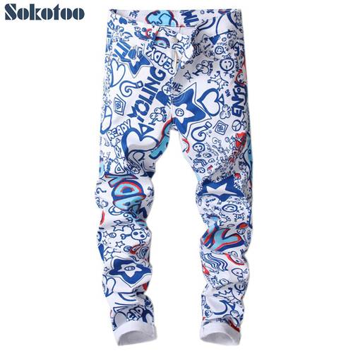 Sokotoo Men&39s letters 3D printed jeans Fashion colored blue white slim skinny denim pants