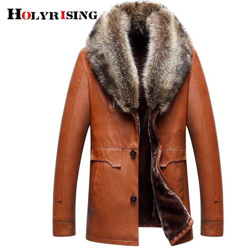 Holyrising Men Faux Leather Jackets Winter Thicken Coat jaqueta de couro chaqueta Men PU Leather Raccoon fur Colla coat 18617-5