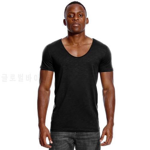 Scoop Neck T Shirt for Men Low Cut Deep V Neck Wide Vee Tee Male Tshirt Invisible Undershirt Slim Fit Short Sleeve