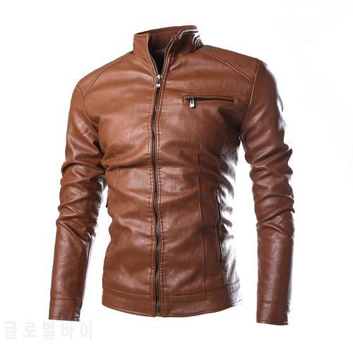 2022 New Fashion Men&39s Solid Color Leather Jacket , High-quality PU leather stand-collar slim jacket jacket Brown, black