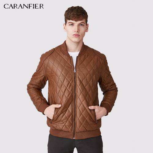 CARANFIER New Men High Quality Leather Jacket Plaid Male Fashion Warm Black Casual Businessmen Style Motorcycle Jacket Men