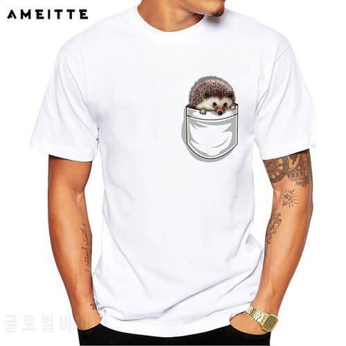 Cute hedgehog in pocket T-Shirt Summer customied animal pocket t shirt Men&39s Novelty Hipster Short Sleeve Basic Tops Tee