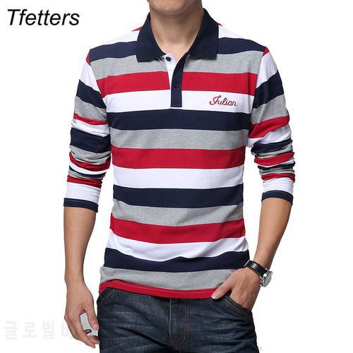 TFETTERS Autumn Men&39s T-shirt Stripe Pattern Letters Print Long Sleeved T-shirt Turn-down Collar Shirt T-shirt Big Size M - 5XL