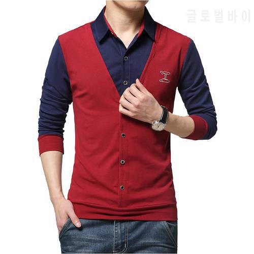 New Autumn Fashion Patch Design Men&39s Shirt T-shirt Fake Two Long Sleeve Turn-down Collar Cotton T Shirt for Men 5XL