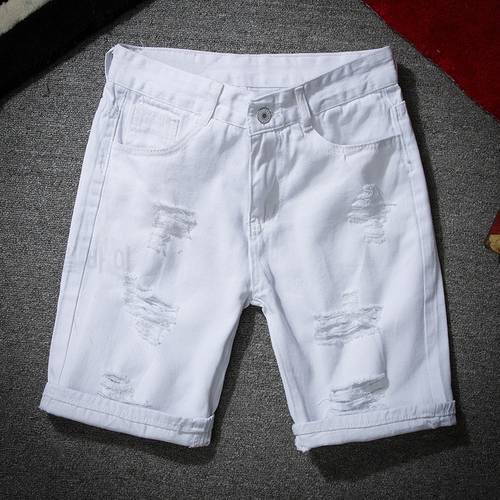 Men White Denim Shorts Summer Holes Casual Shorts Stretch Jeans Men Cotton Solid Slim Fit Shorts Pants Elastic Knee Length Pants