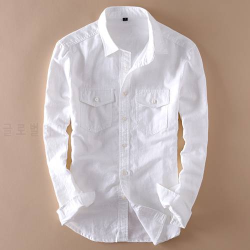 Brand 2021 Mens Long Sleeve Casual Linen Shirt Mens Social Turn-down Collar Slim 2 Pockets Solid White Designer Dress Shirts XXL
