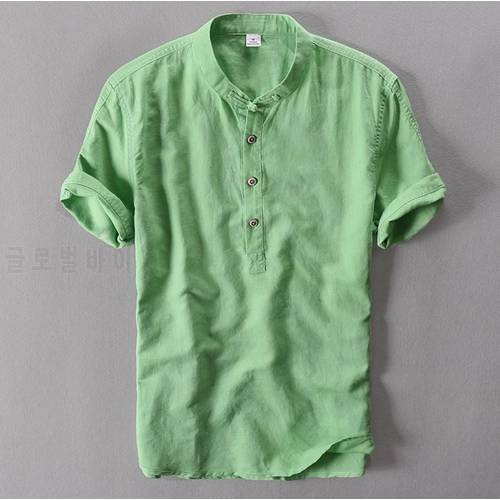 Mens Pullover Linen Shirts Short Sleeve Mens Quality Casual Shirts Slim fit Solid Mandarin Collar Cotton Shirts Men TS-155