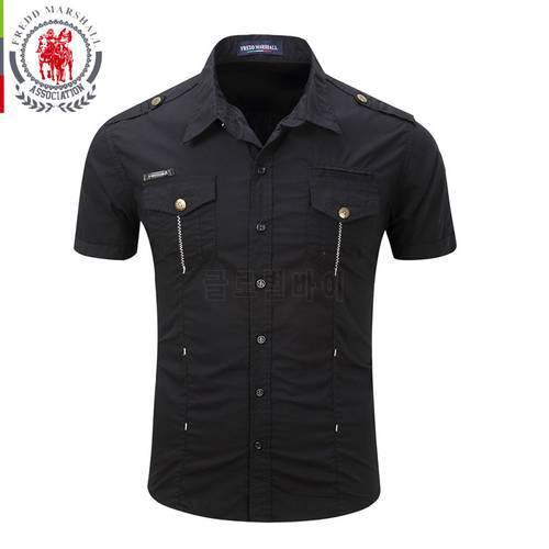 Koszula Mens Shirts Casual Short Sleeve Pockets Slim Fit Men Shirt Camisa Masculina Para Hombre 100% Cotton Military Style