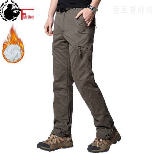 Men Cargo Pant Winter Thick Warm Pants Full Length Multi Pocket Elastic Waist Fleece Lined Military Baggy Tactical Trouser Male