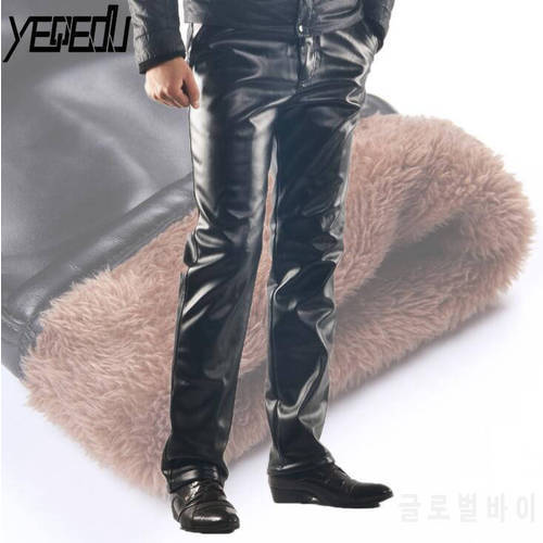 2203 Winter Thick Warm Faux Leather Pants For Men Plus Size PU Leather Fleece Pants Fashion Motorcycle Joggers Windproof 29-46