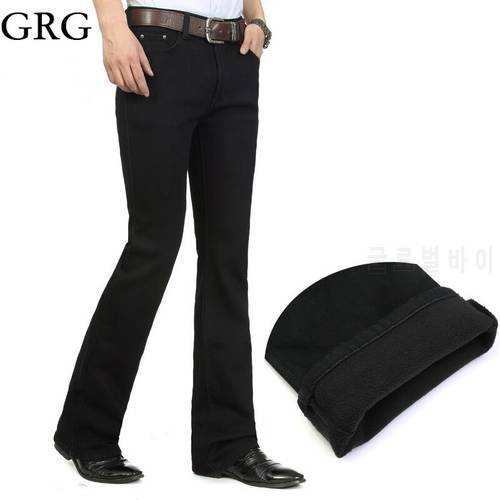Free Shipping High Quality Men Winter Worm Fleece Color Black Boot Cut Jeans Business Casual Flare Pants Mid Waist Trousers