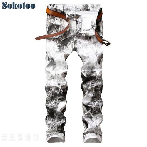 Sokotoo Men&39s fashion ink painted white print pants Slim stretch denim jeans
