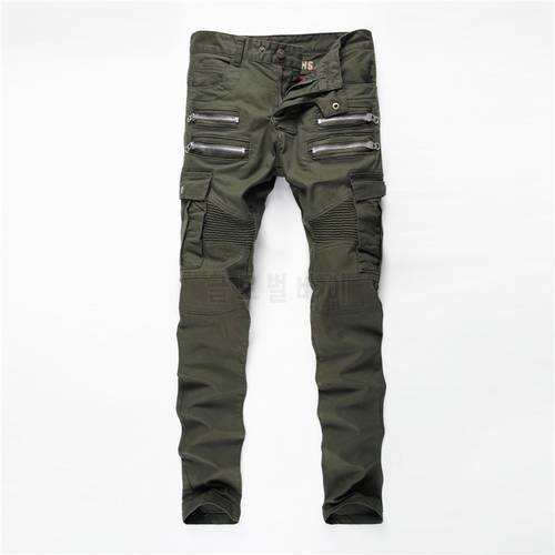 high quality New Mens Green Jeans Motocycle Camo Military Slim Fit Fashion Designer Biker Jeans Men