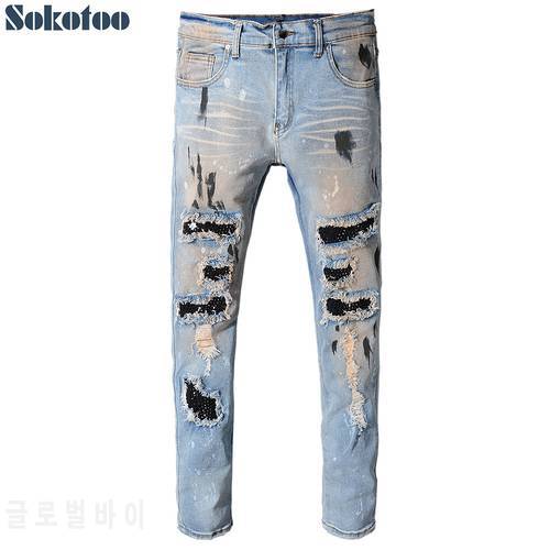 Sokotoo Men&39s vintage holes rivet patch slim skinny ripped jeans Casual trendy painted distressed denim beggar pants