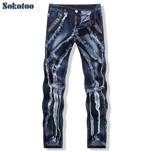 Sokotoo Men&39s fashion patchwork spliced ripped jeans Male personality leather rivet slim straight denim pants Free shipping