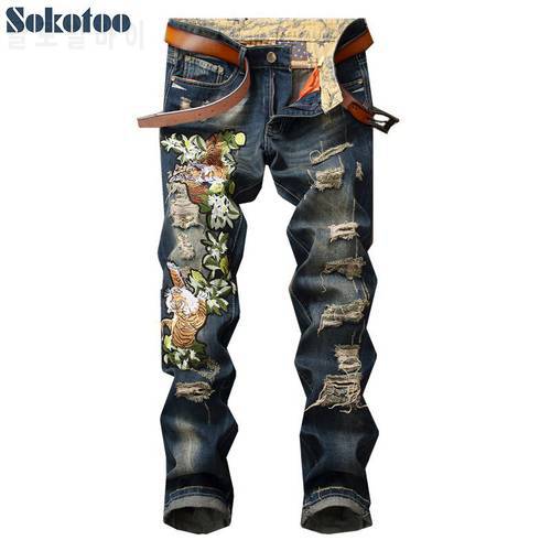 Sokotoo Men&39s tiger embroidery holes ripped jeans Fashion slim distressed trendy denim pants