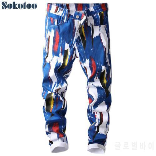 Sokotoo Men&39s fashion 3D pattern slim skinny printed jeans Blue white stretch denim pants