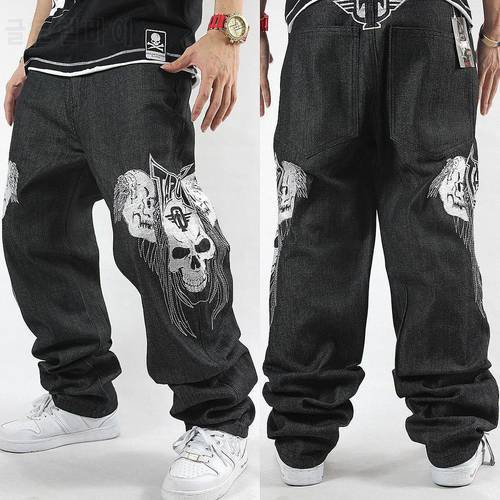 Hot Sale New Straight Baggy Jeans Loose Hip Hop Jeans Men Printed Hip-hop Embroidered Skull Casual Skateboard Denim Trousers