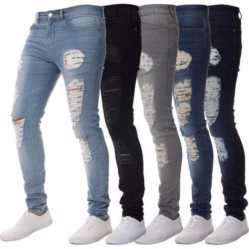 Mens Casual Skinny Jeans Pants Men Solid black ripped jeans men Ripped Beggar Jeans With Knee Hole For Youth Men