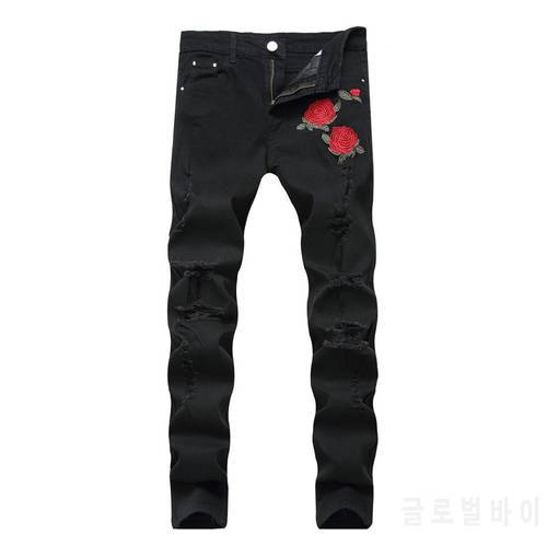 Black Ripped Men Jeans with Embroidery Flowers Trousers Rose Embroidered Men&39s Denim Jeans Stretch Skinny Pants
