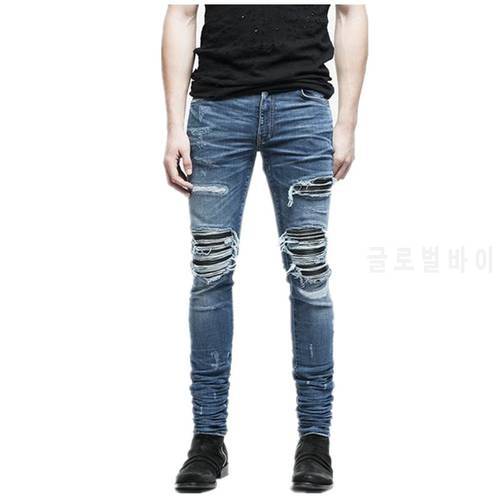 Men Fashion Brand Designer Ripped Biker Jeans Distressed Moto Denim Joggers Destroyed Knee black Leather Pleated Patch Jeans