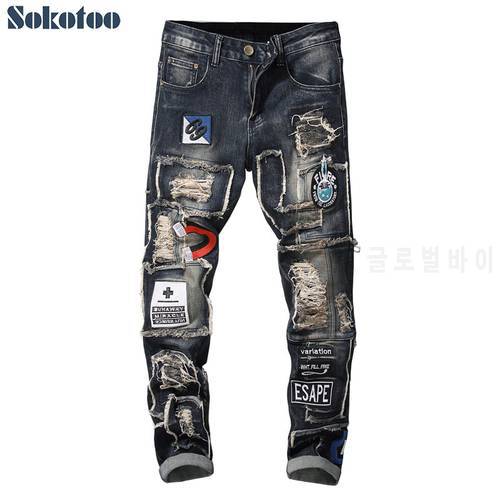 Sokotoo Men&39s badge patchwork ripped embroidered stretch jeans Trendy holes patches design slim straight denim pants