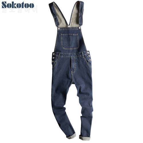 Sokotoo Men&39s dark blue denim bib overalls Slim fit jeans Casual pocket cargo pants Suspenders jumpsuits