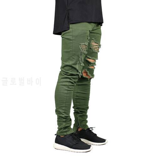 Men Zipper Destroyed Jeans Stretch Fashion Army Green Ripped Men Skinny Jeans Y2631