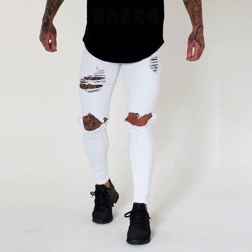 Wihte Men Knee Ripped Holes Skinny Destroyed Jeans Fashion Slim Fit Hip hop Mens Streetwear Cotton High quality Joggers Jeans