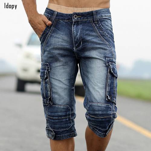 Idopy Summer Male Retro Cargo Denim Shorts Vintage Acid Washed Faded Multi-Pockets Military Style Biker Jeans For Men