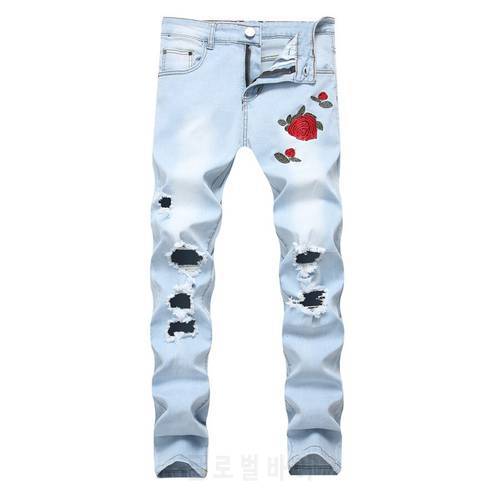 Ripped Jeans with Embroidery Men with Flowers Rose Trousers Embroidered Men&39s Denim Jeans Stretch Skinny Push Size 40 42 Pants