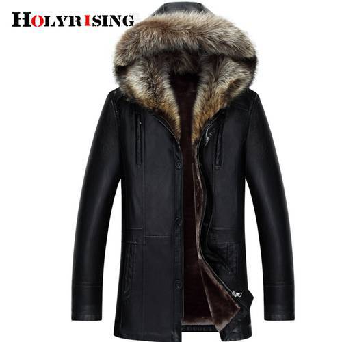 Holyrising Winter PU Jackets Leather Coat Men&39s natural Fur Hooded Leather Jackets Thicken men winter coat fit -20 wear 18296