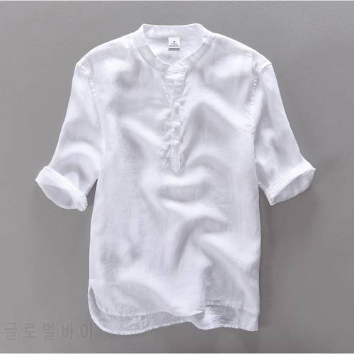 New design brand clothing 100% Linen Men shirt Casual shirts for men short sleeve stand collar top mens camisa masculina chemise