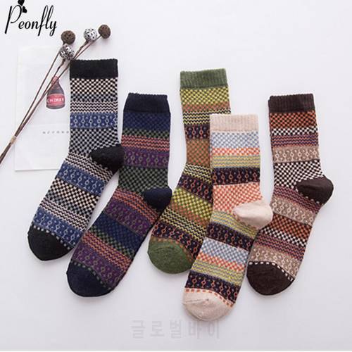 PEONFLY National Style Multi Colorful Geometric Square Printing Men Socks Autumn Winter Thick Rabbit Wool Warm Male Retro Socks