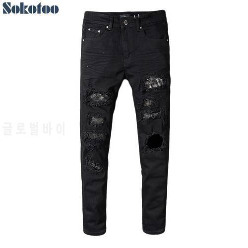 Sokotoo Mens slim skinny crystal rhinestone patchwork ripped jeans Fashion patch black stretch denim pants
