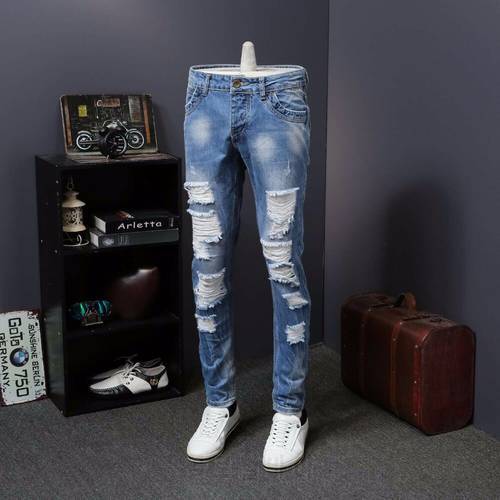 2020 Men Jeans Washed Slim Fit Male Denim Biker Jeans Homme Blue Hip Hop Ripped Distressed Moto Holes Cotton Pants Jeans For Man