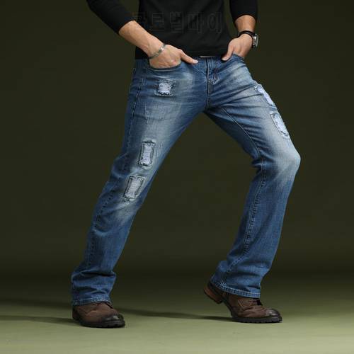 Mens bootcut Jeans Blue Flared Ripped Jeans for men Slim Stretch bell bottom jeans