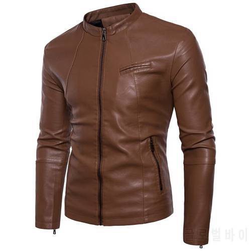 Men&39s PU leather jacket motorcycle clothing top, fashion England solid color slim collar short coat