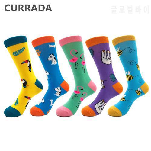 5pairs/lot Casual Mens Happy Socks High Quality Combed Cotton Men Socks Plant animal Cartoon Design Funny Crew compression socks