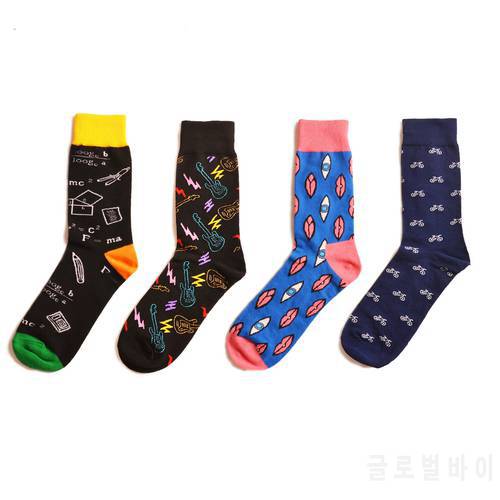 PEONFLY mens socks combed cotton Jacquard cartoon Geometric music conforms male business dress crew socks wedding gift sox
