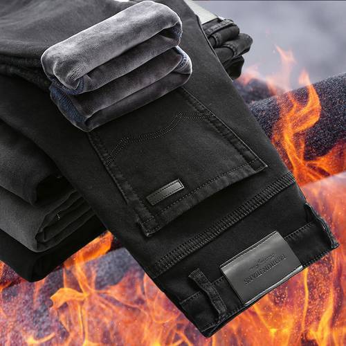ICPANS Fleece Warm Winter Jeans Men Stretch Elasitc Straight Classic Black Denim Jeans Men Regular Fit 2018 Plus Size