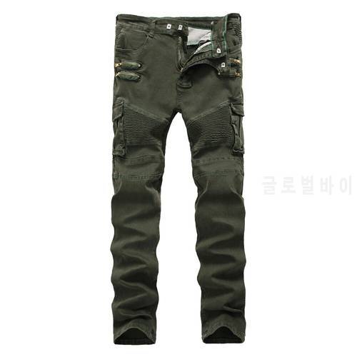 Mens Skinny Ripped Biker Jeans zipper Multi Pockets Cargo Army Green military Hip Hop Men Pleated motorcycle jeans Dropshipping