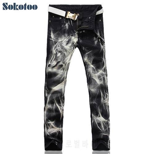 Sokotoo Men&39s fashion wolf print stretch denim jeans Slim black painted straight pants Long trousers