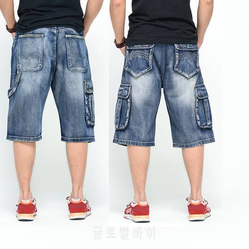 Muiti Pocket Knee Length Denim Shorts For Men Summer Hip Hop Dance Loose Fit Man Baggy Cargo Jean Shorts Big Size