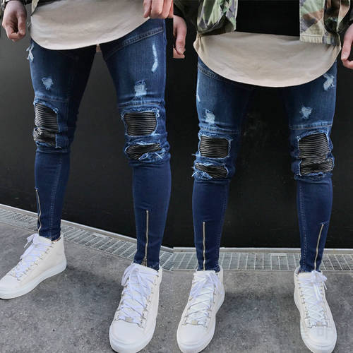 2018 Fashion Fear Of Men God Skinny Jeans Ripped Jeans Men Slim Straight Joggers Leather Patchwork Biker Streetwear Mens Jeans